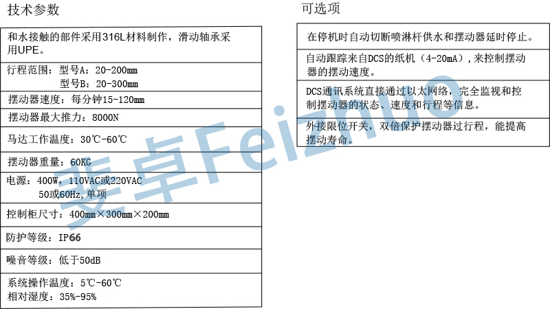 斐卓噴淋擺動裝置參數(shù)表l